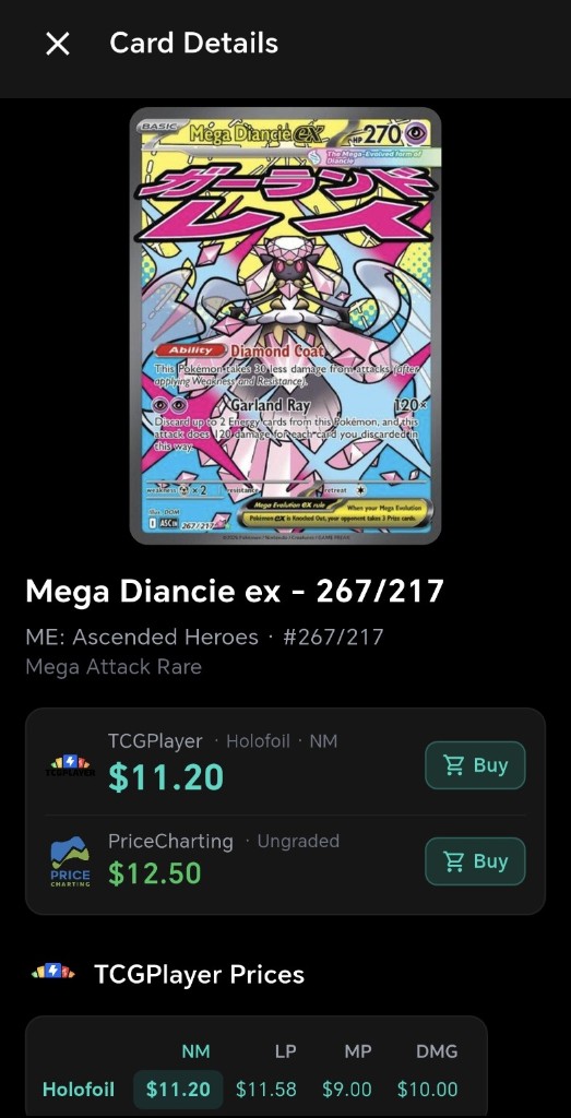 Card detail with pricing